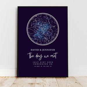 Carte des étoiles personnalisée par date et lieu, affiche du ciel nocturne en feuille d'argent, cadeau d'anniversaire de notre rencontre avec la nuit, impression ciel nocturne, cadeau de mariage