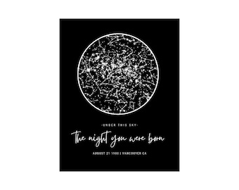 May include: Black and white print featuring a circular star map with constellations. The text reads "UNDER THIS SKY - The night you were born AUGUST 21 1980 | VANCOUVER CA".