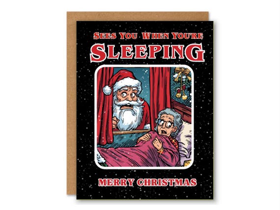 Funny Santa Christmas Card, He Sees You When You’re Sleeping, Comic Style Holiday Humorous 5x7 Card for Grandma Grandpa, Funny Xmas Card