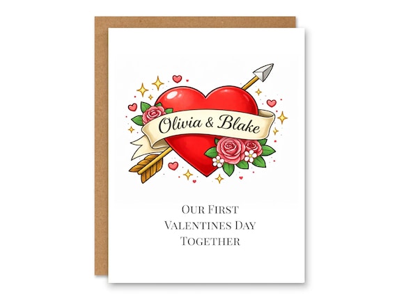 Personalized First Valentine’s Day Card – Custom Couple Names Heart Arrow Anniversary Card