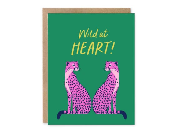 Wild at Heart Greeting Card - Pink Cheetahs on Emerald Green