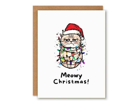 Funny Cat Christmas Card – “Meowy Christmas” Greeting Card, Cute Holiday Card for Cat Lovers, Grumpy Cat Xmas Card, Pun Christmas Card