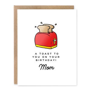 Carte d'anniversaire de maman, carte de jeu de mots nourriture mignonne, fils portant un toast, joyeux anniversaire, carte de jeu de mots blague