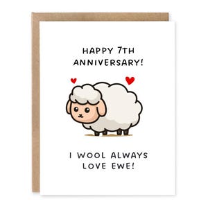 Carte d'anniversaire de 7 ans, carte d'anniversaire de laine, cadeau d'anniversaire de mariage de 7 ans avec jeu de mots amusant en laine de mouton, cadeau mignon pour mari, lui, femme, elle