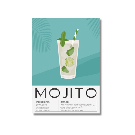 Mojito cocktail recipe print. Mojito cocktail. Cocktail lover. Cocktail lover gift. Cocktail wall art. 3 Sizes Available