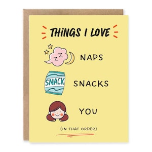 Coisas que eu amo, cartão de felicitações, cochilos, lanches para você // Cartão de agradecimento engraçado de aniversário para esposa, marido, namorada, namorado, parceiro