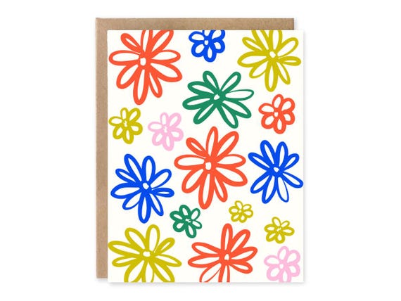 Bright Floral Pattern Greeting Card 5x7 | Colorful Flowers Birthday Card | Modern Botanical Art Card | Blank Inside