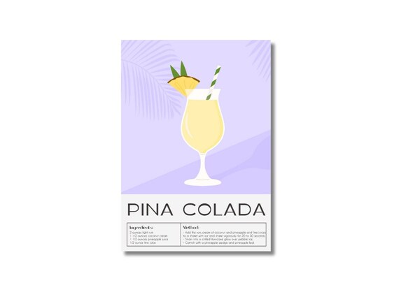Pina Colada cocktail recipe print. Pina Colada cocktail. Cocktail lover. Cocktail lover gift. Cocktail wall art. 3 Sizes Available