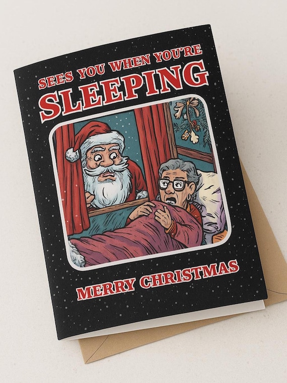 Funny Santa Christmas Card, He Sees You When You’re Sleeping, Comic Style Holiday Humorous 5x7 Card for Grandma Grandpa, Funny Xmas Card