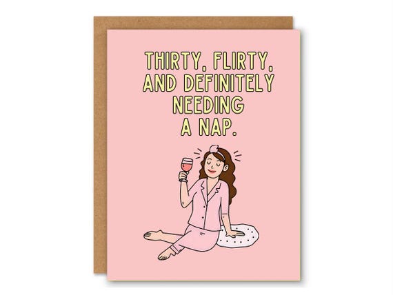 Thirty Flirty and Definitely Needing a Nap Birthday Card | Funny 30th  | Cute Hand-Drawn Wine & Pajamas Card