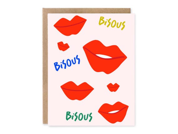 Bisous French Kisses Card | Red Lips Greeting Card | 5x7 Love Card | French Valentine Card | Romantic Gift | Kiss Print Card | Blank Inside