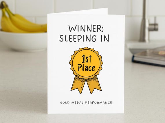 Funny Teen Greeting Card, Winner: Sleeping In Gold Medal Performance, Hand Drawn Gold Ribbon, Teen Birthday Card, Humorous Sleep Lover Card