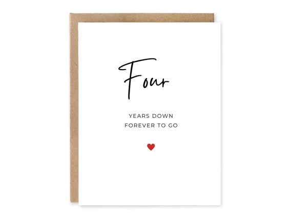 Fourth Anniversary Card, Four Years Down Forever To Go, 4th Anniversary Gift, Card For Boyfriend, Card For Girlfriend, 4th Anniversary Card