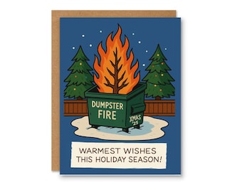 Divertida tarjeta navideña de "Incendio en el contenedor de basura", humor navideño de 2025