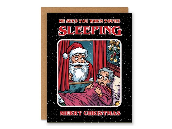 Funny Santa Christmas Card, He Sees You When You’re Sleeping, Comic Style Holiday Humorous 5x7 Card for Grandma Grandpa, Funny Xmas Card