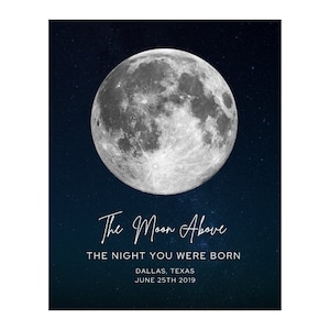 May include: A black and blue starry night sky with a full moon in the centre. The text "The Moon Above" is written in white cursive script. Below the moon, the text reads "THE NIGHT YOU WERE BORN" in white, followed by "DALLAS, TEXAS" and "JUNE 25TH 2019" in smaller white text.