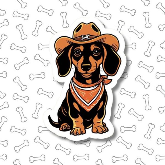 COWBOY DACHSHUND STICKER, Cowboy sticker, Dachsund print, Dachsund sticker, dog art, dog print, cowboy art, weiner dog, howdy, Cowboy Dog