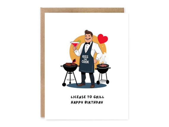 Funny BBQ Pun Birthday Card For Dad, License To Grill Happy Birthday , Punny BBQ Birthday Card for Husband or Boyfriend Gift