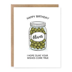 carte d'anniversaire olives | Carte d'anniversaire avec un pot d'olives, jeux de mots sur la nourriture, cartes mignonnes, art kawaii, cartes pour chérubins