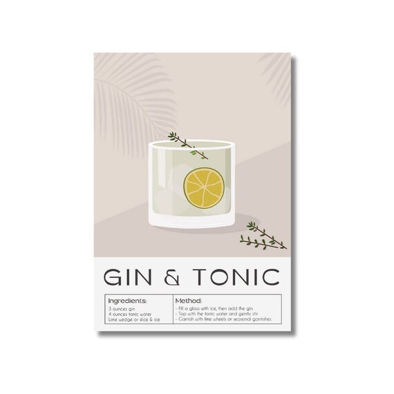 Gin and Tonic  cocktail recipe print. Gin and tonic cocktail. Cocktail lover. Cocktail lover gift. Cocktail wall art. 3 Sizes Available