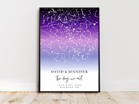 Custom Star Map By Date and Location, Silver Foil Look The Night Sky Poster, Night We Met Anniversary Gift, Night Sky Print, Wedding Gift