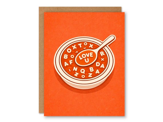 Love You Alphabet Soup Card – Funny Minimal Valentine Card, Cute Food Pun Greeting Card, Modern 5x7 Love Card