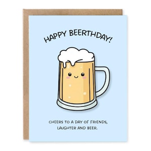 Carte Happy Beerthday, carte d'anniversaire kawaii, amateur de bière, carte d'anniversaire pour lui, cadeaux bière, jeux de mots, carte d'anniversaire papa, carte bière