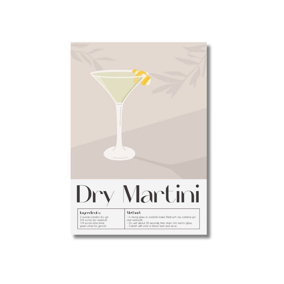 Dry Martini cocktail recipe print. Martini cocktail. Cocktail lover. Cocktail lover gift. Cocktail wall art. 3 Sizes Available