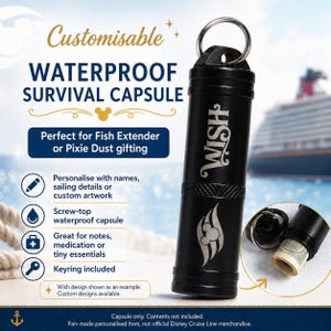May include: Black waterproof survival capsule with a keyring. The capsule has the word "WISH" in a script font and a Mickey Mouse-inspired design. The text "WATERPROOF SURVIVAL CAPSULE" is displayed above the capsule.