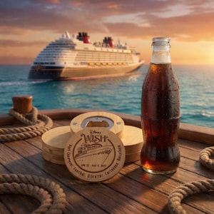Puede incluir: Un abridor de botellas y un juego de posavasos de madera con el logotipo de Disney Wish, una botella de refresco de vidrio y un crucero en el fondo. El posavasos está grabado con el itinerario del crucero. La escena está ambientada en una cubierta de madera con cuerdas.