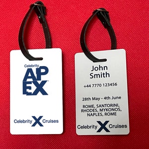 Etiqueta de equipaje de plástico PVC inspirada en Celebrity Apex personalizada con correa de cuero. Gastos de envío gratis