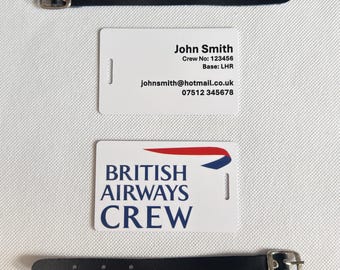 British Airways Crew Personalised PVC Plastic Luggage Tag with Leatherette Strap