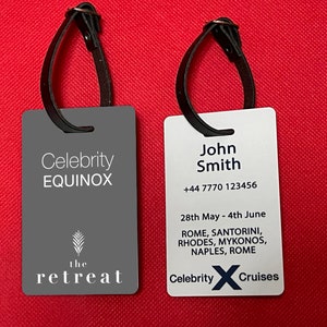 Personalised Celebrity Equinox Retreat inspired PVC Plastic Luggage Tag with Leather Style Strap. Free Postage
