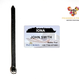 Etiqueta de equipaje de plástico PVC IONA inspirada en P&O Cruise personalizada con correa estilo cuero. Gastos de envío gratis