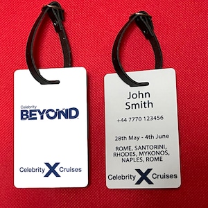 Personalised Celebrity Beyond inspired PVC Plastic Luggage Tag with Leather Style Strap. Free Postage