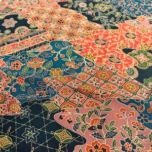 Vintage Japanese Kimono Chirimen Crepe Silk Fabric, Patchwork Batik Floral, Coral, Teal Blue & Indigo, Quilting, Textile Art,  240808-25S