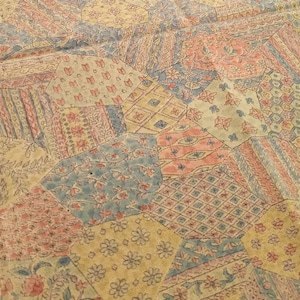 Vintage Japanese Kimono Chirimen Crepe Silk Fabric, Geometric Patchwork Komon, Muted Yellow, Blue & Terracotta, Quilting, 220425-39L