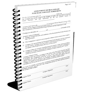 May include: A spiral-bound document titled "ASSIGNMENT OF REAL ESTATE PURCHASE AND SALE AGREEMENT." The document is white with black text, including sections for purchase price, acknowledgments, and default clauses. The document is on a white background.