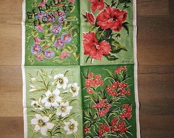 Paño de cocina vintage de lino irlandés Lamont "Flores de Bermuda" 76 x 51 cm