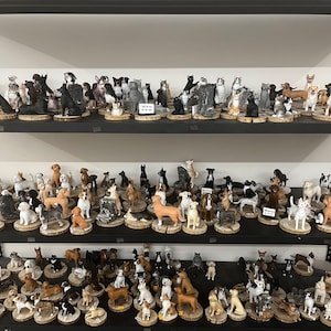 May include: A display of dog ornaments on shelves. The ornaments depict various dog breeds and sizes, each mounted on a small wooden base. The dogs are painted in realistic colours and poses.