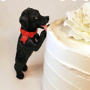 May include: Black dog cake topper with a red bow, licking a white cake with a white flower on top.