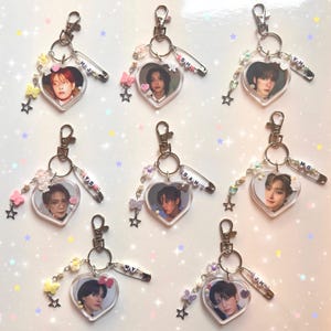 Ateez photo heart shaped keychain with beads stickers & initials! Hongjoong seonghwa yunho yeosang san mingi wooyoung jongho and more!