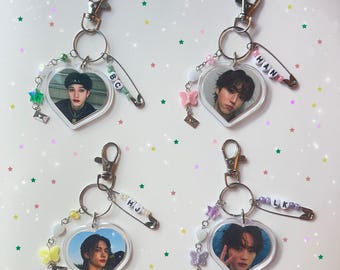 Skz Heart Photo Keychains with Beads | Kpop Keychain Merch | SKZ Bias Keyring Gift for Stay | Beaded Skz Accessories