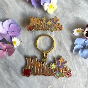 Midwife Rainbow Flowers Gold Enamel Pin