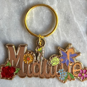 Midwife Rainbow Flowers Gold Enamel Keychain or Bookmark