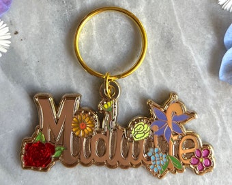 Midwife Rainbow Flowers and Gold Enamel Keychain or Bookmark