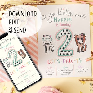 Puppy and Kitty Second Birthday Party Invitation, Mobile and 5x7 Bundle | INSTANT DOWNLOAD | Editable, 2nd Birthday Invite