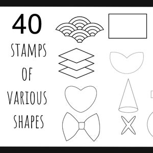 May include: A digital tablet screen displaying 40 stamps of various shapes, including a heart, a bow tie, a star, a lightning bolt, a plus sign, a circle, a square, and a triangle. The text "40 STAMPS OF VARIOUS SHAPES" is displayed on the screen.