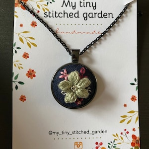 Dainty Silver/ Grey Flower on dark blue fabric/ Handmade Embroidery Jewelry/ Floral Embroidered Necklace/Unique Gift