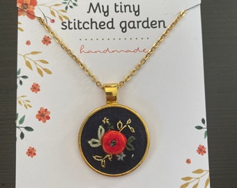 Dainty Red Flower on dark blue fabric / Handmade Embroidery Jewelry  / Floral Embroidered Necklace / Unique Gift